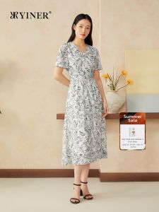 Summer New Chinese Style Begonia Print V-Neck High Waist Dress