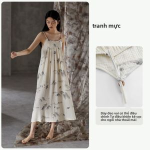 yuenei | Váy ngủ cotton nguyên chất cho nữ mùa hè Váy dài gợi cảm bằng vải cotton nguyên chất phong cách Trung Hoa mới Váy ngủ không dây