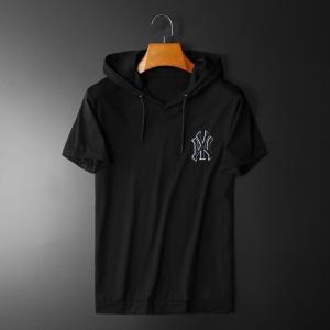 Stylish Mens Short Sleeve T-Shirt with Hood And Embroidery for Summer Trendy Urban Loose Fit Pure Color round Neck Tee