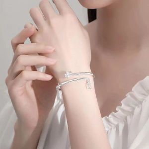 Elegant Lotus Womens S925 silver Expandable Bangle Bamboo Good Lucky Charms Bracelet Ladies Jewelry for Women Girls