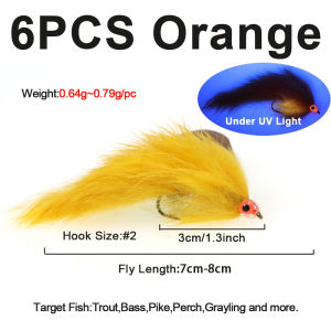 6PCS Rabbit Fur Zonker Baitfish Streamers Flies With Luminous 3D Eyes Fish Mask For Trout Bass Pike Fly Fishing Lure Baits