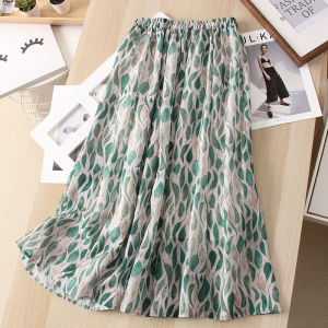 กระโปรงทรงเอเอวสูงผ้าผสมลินินใบไม้พิมพ์ลายแฟชั่นฤดูใบไม้ผลิและฤดูร้อนสำหรับผู้หญิง กระโปรงยาวปานกลาง สไตล์ใหม่ปี 2025