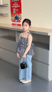 Terno Kid Girls Floral Camisole Top And Denim Wide Leg Pants Suit Outfit for Toddler 1-6Years