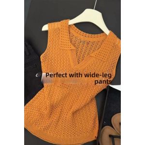 V.C.I | Retro Casual Knit Vest Orange Hollow Out V Neck Polo Collar Sleeveless Top