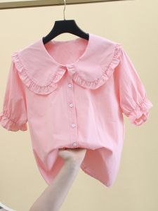 Áo Sơ Mi Trắng Tay Ngắn Dáng Rộng Mùa Hè Cho Nữ Cổ Búp Bê Dáng Ôm Phong Cách Pháp Chất Liệu Cotton Thường Ngày Không Có Túi