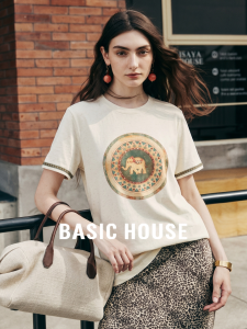 Basic House | Elephant Print T-Shirt Tencel Short Sleeves Lightweight Round Neck