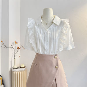 WANGGONGZHU | French Style V-Neck Short Sleeve Loose Shirt Women Summer New Fashion Design Sensation Gored Edge Top Breathable Skin-Friendly