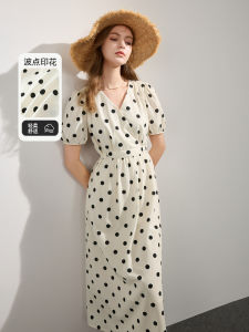Summer 2025 Three-Color French Vintage Polka Dot Dress V-Neck Loose A-Line Long Dress Vacation Short Sleeve Bubble Sleeve