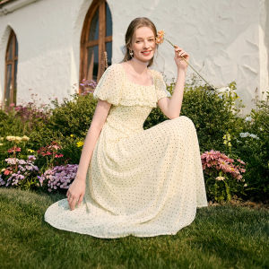 XIANGYING | French Style Polka Dot Flare Sleeve Sweet Slim Waist Dresses