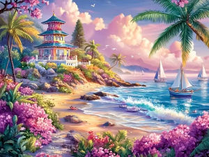 Scenic Seaside House and Ship Landscape Jigsaw Puzzle 500/1000/1200/2000PCS Stress Relief Puzzle Wall Art Decor Gift