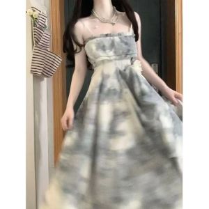 Sun Protection A-Line Dress Set for Girls Student Summer New Style Fresh Print Princess Skirt Three-acetate Fiber 100%