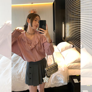 Cotton Long Sleeve Shirt with Lotus Leaf Collar for Women Spring Autumn Style Casual K-style Slim Fit White Blouse