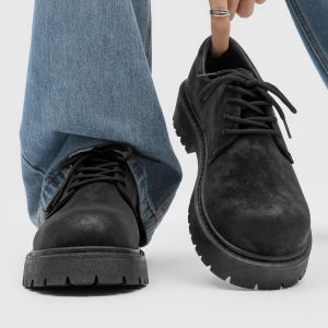 Mens Derby Shoes 2025 New Autumn American Retro Work Boots Black Thick Bottom Heightening Martin Boots Trendy Leather Shoes