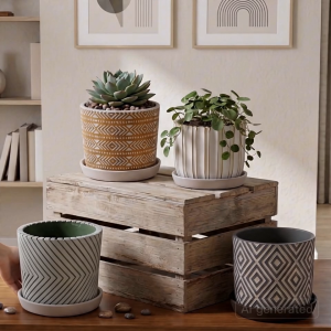 Modern Geometric Concrete Flower Pot Planter - Decorative Aesthetically Functional Pot with Pot Tray for Living Room Styling & Indoor Plants