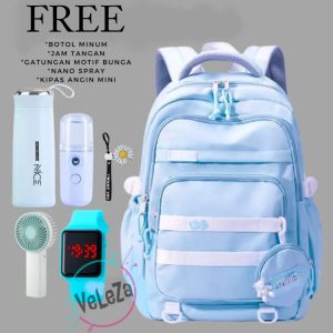 Tas Ransel Sekolah Anak Perempuan Remaja SD SMP 6 in 1 Free Gift Botol Minum+Jam Tangan+Nano Spray+Kipas Angin Mini+Gantungan Tas Bunga Fashion Tas Ransel
