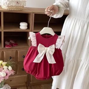 2026 Summer Cute 3M-24M Newborn Girls Burgundy Romper Sleeveless Ruffle Fly Shoulder Big Satin Bow Thin Sweet Bodysuit