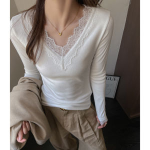 Lace Trim V-Neck Long Sleeve Base Shirt Womens Inner Wear Autumn Winter Thickened Design Sense Shoulder T-Shirt