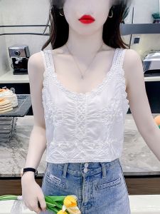 French Lace Embroidered Strap Vest Women Summer Sweet Spicy Short Sleeveless V-Neck Beaded Top Casual Fashion Polyester