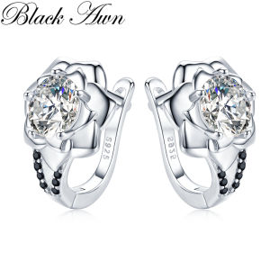 Awn Silver Color Round Black Trendy Spinel Engagement Flower Hoop Earrings for Women Jewelry Bijoux I152