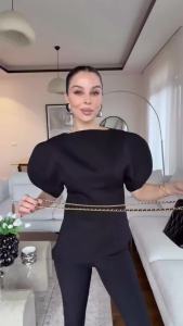 HH Women Fashion Tops Split Puff Sleeve Top Female O-Neck Short Sleeves T-Shirts Solid Slim Partywear Asymmetrical Lady Clothes