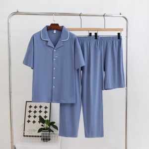 Miiow | Pure Cotton Summer Sleepwear For Men Short Sleeve Three Piece Set Includes Shorts And Pants Comfortable Breathable Home Clothes