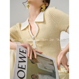 Slim Fit Short Sleeve Knitwear Womens Style Summer Thin French Collar Color Block Commute Fashion Korean Version Polyester Fiber