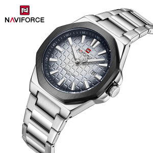 NAVIFORCE นาฬิกาผู้ชายนาฬิกาดั้งเดิมกันน้ำได้สำหรับปฏิทินสแตนเลสเรืองแสง30เมตรนาฬิกาเคลื่อนไหวใหม่เอี่ยมนาฬิกาควอตซ์ลำลองของผู้ชาย NF9258