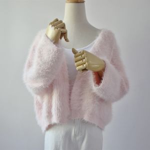 Pink Mink Fur Long-Sleeve Cardigan Sweater Womens Autumn Gentle Soft Glutinous Lazy and Loose Short Knitwear Jacket