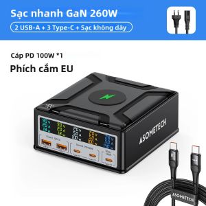 Bộ Sạc Để Bàn ASOMETECH 260W GaN Có Màn Hình Kỹ Thuật Số USB Type C Sạc Nhanh 140W PD3.1 PPS QC4.0 Cho Điện Thoại Máy Tính Bảng