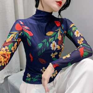 Áo phông nữ Yimei mùa xuân Hàn Quốc và dài tay mùa thu Áo lót nửa cổ cao áo lưới in họa tiết thời trang mới 2023