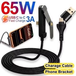 65W 90° Elbow Game Fast Charging Data Cable PD USB Type C To C Charge Cord with Built-in Phone Stand for IPhone 17 16 Samsung
