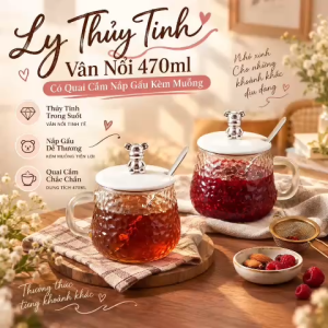 Set 4 Cốc Thủy Tinh Vân Nổi 470ml Có Quai Cầm Nắp Gấu Dễ Thương