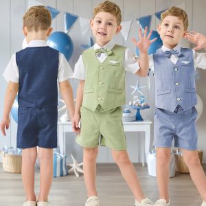 lontakids Toddler Boy Clothes Suit Gentleman Wedding Outfits Formal Polo Shirt Bowtie Vest Short Pants 4Pcs Set