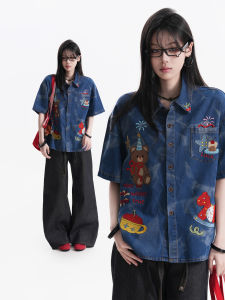 zuocisankon | Vintage Cartoon Style Embroidered Loose Denim Shirt