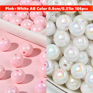 166pcs 8mm Pink And White AB Color Acrylic Beads - Round Beads with Straight Hole For DIY Making Clothing Tailoring Supplies