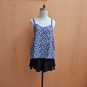 atasan tank top wanita biru motif bunga putih XL cewek jumbo santai cute