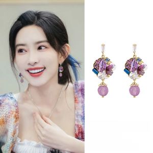 Benziyi Purple Crystal Tassel Earrings Women Exaggerated Ear Studs New 2025 Trendy High-End Feelings National Style Jewelry