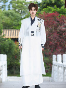 Elegant White Hanfu Mens Long Shirt Ming Dynasty Style Autumn Set Youth Cotton Lyrca Printed Fabric Embroidered Floral Pattern