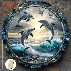 2D Dolphin Shaped Wooden Round Disc Home Decor Marine Conservation Theme Hanging Artwork Ideal Gift for Animal Lovers