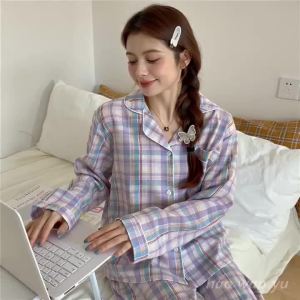 Bộ Đồ Ngủ Nữ Luscious Loungewear Bộ Đồ Ngủ Dài Tay In Kẻ Sọc Có Ve Áo Hai Mảnh Váy Ngủ Homewear Xuân Hè
