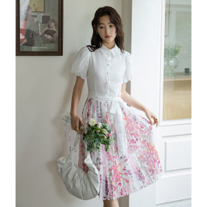 Elegant White Chiffon Floral Print Pleated Skirt Dress Slimming A-Line Midi Dress Polo Collar Short Sleeve Polyester Fiber