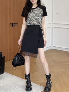 Shalldoer | Unique Light Maturity Womens Summer Set Short Sleeve T-Shirt A-Line Skirt Pants Two-Piece Set Color Block Lace Design Casual Wear