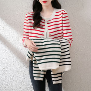 （ready stock ）LUCKIN STORE Womens Stripe Cardigan Jacket Long Sleeve Loose Knit Sweater Small Fragrance Tops Korea Autumn and Winter Cardigan ( sheep wool)