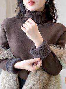 Áo Len Dệt Kim Cổ Cao Dày Dặn Có Lót Lông Cừu Cho Nữ Mùa Thu Đông Cỡ Lớn Rộng Rãi Ấm Áp Áo Len Cardigan