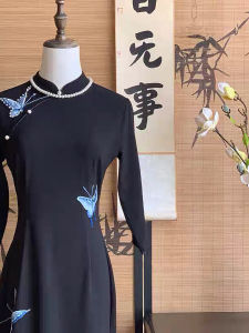 New Chinese Style Butterfly Embroidery Slim Fit Black Dress Daily Wear Comfortable Long Cheongsam Young Spirit Fashionable