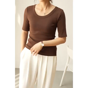 Womens threaded short sleeved summer new round neck slim fit fashionable loose casual short T-shirt