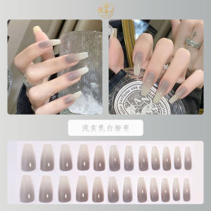 Long Gradient Wearable Nails Pastel Grey And off White Simple Elegant Manicure Stickers Finished Product Nail Art Tools