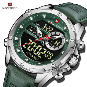 NAVIFORCE Watch for Men Fashion Casual with Sport Leather Strap Wrist Watch Multi-function Analog Dual Display Chronograph LCD Luminous Waterproof Gold with Brown NF9208