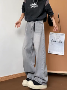 PREIE SIMPLE American vintage washed high street grey denim pants for men loose straight-leg casual pants