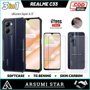 PROMO PAKET MURAH 3 IN 1 CASE REALME C33 CASING TRANSPARAN + ANTI GORES LAYAR + SKIN CARBON 3D